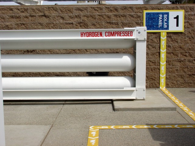 Compressed hydrogen storage tanks at the SMUD solar-powered hydrogen vehicle fueling station in Sacramento, CA.